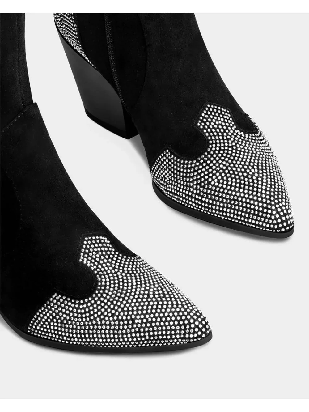 Women's Black Suede Rhinestone Pointed Toe Chunky Heels Over The Knee High Boots